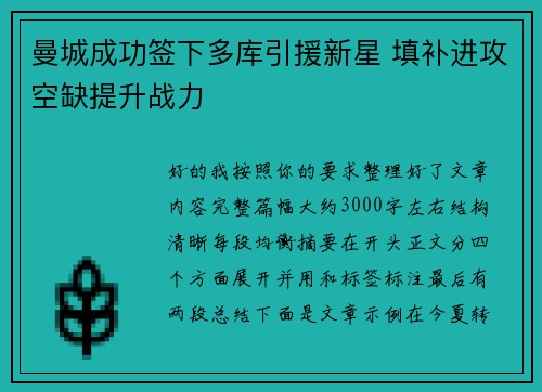 曼城成功签下多库引援新星 填补进攻空缺提升战力